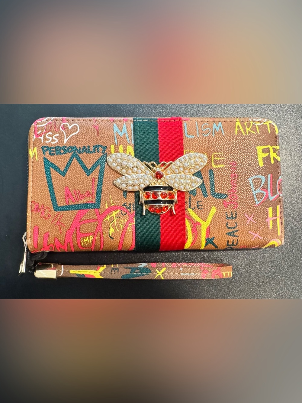 Alba Tan Graffiti Wristlet with Red & Green Stripe and Bee Jeweled Accent, NWOT